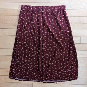 Red Rust Ditsy Floral Bohemian Midi Skirt with Side Slits, Size Small